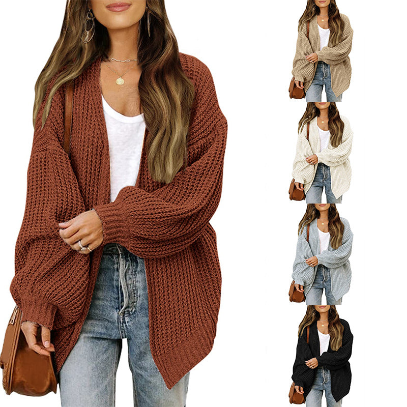 Women's lantern sleeve chunky knit cardigan 2026 autumn and winter new pocket knit sweater women's coat