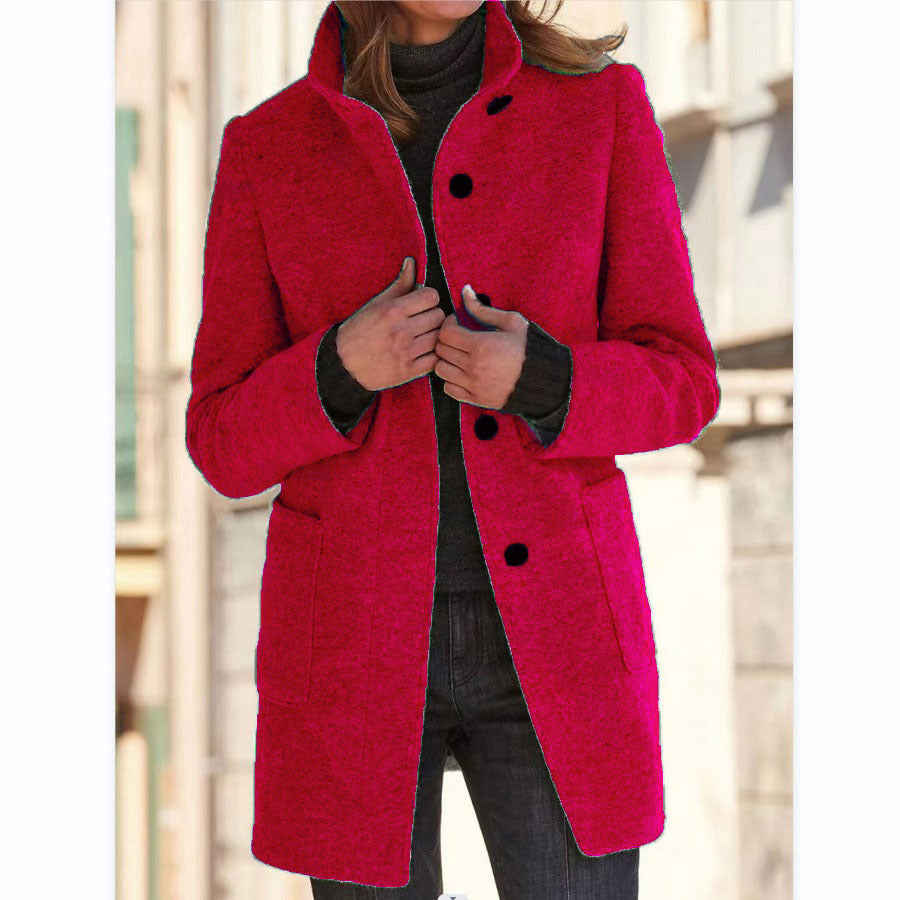 2026 Autumn/Winter Women's Clothing New Arrival Solid Color Button Stand Collar Woolen Coat