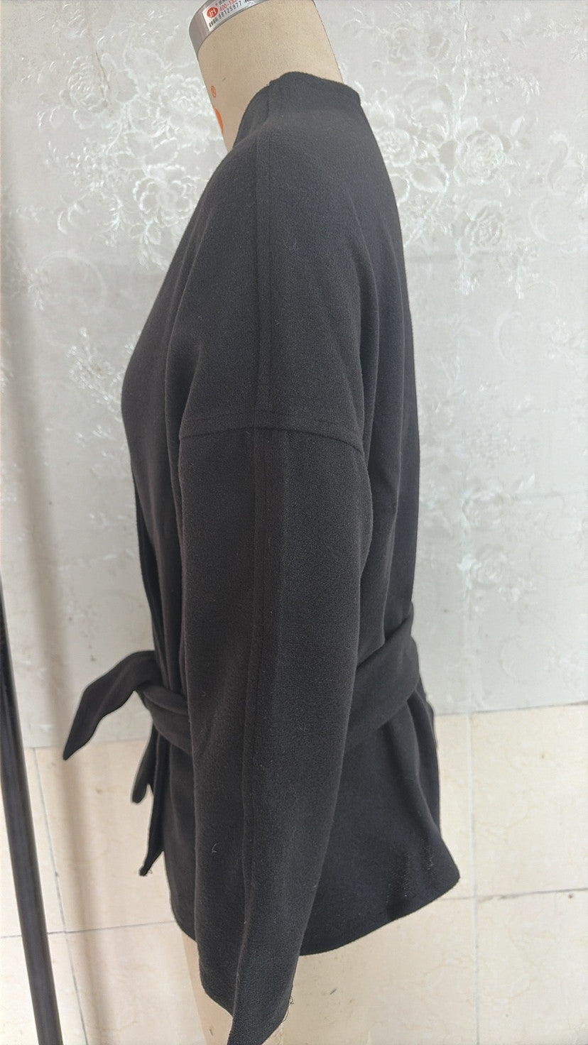 New short imitation wool coat for women, 2026 autumn and winter, loose fit, tie-up cardigan, long sleeves